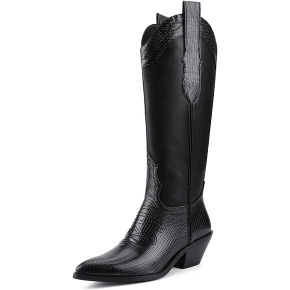 Shoes - Women's Black Knee High Cowgirl Boots Pointed Toe Chunky Block Heel Fashion